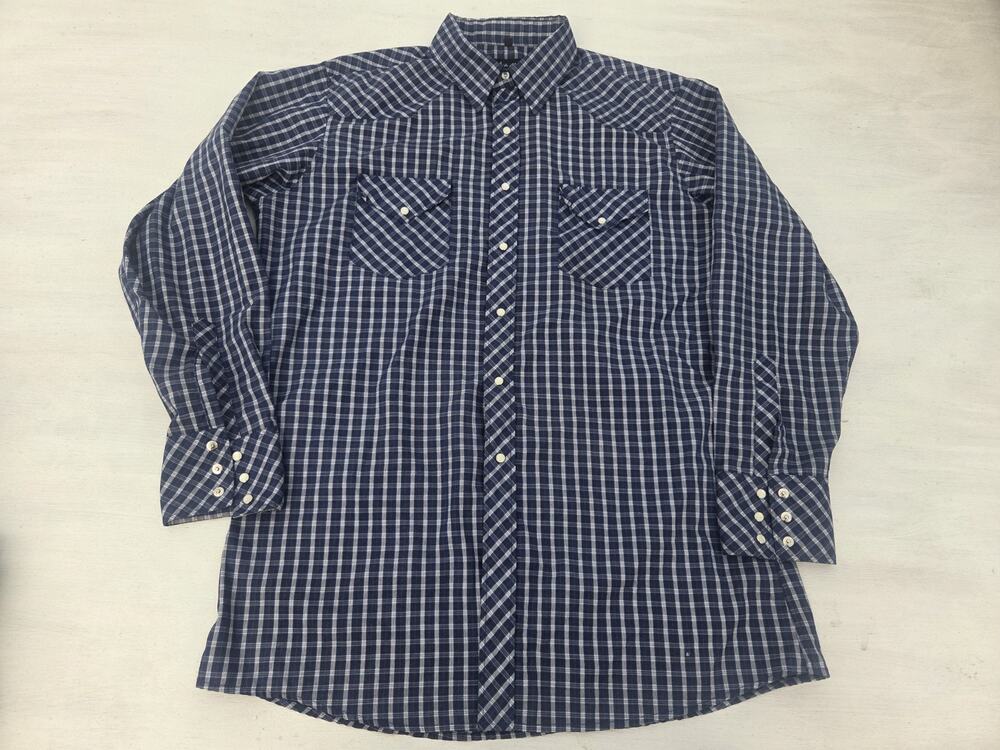 Vtg White Horse Pearl Snap Shirt Mens L Blue Plaid Long Sleeve Western Cowboy
